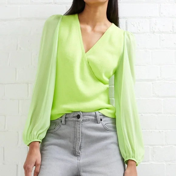 NWT French Connection Mozart Melody Mix V-Neck Jumper Lime Green Balloon Sleeves - Picture 1 of 9